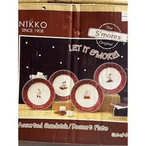 4pc Nikko The S’mores Snowman Skiing Sledding 8” Sandwich/Dessert Plates